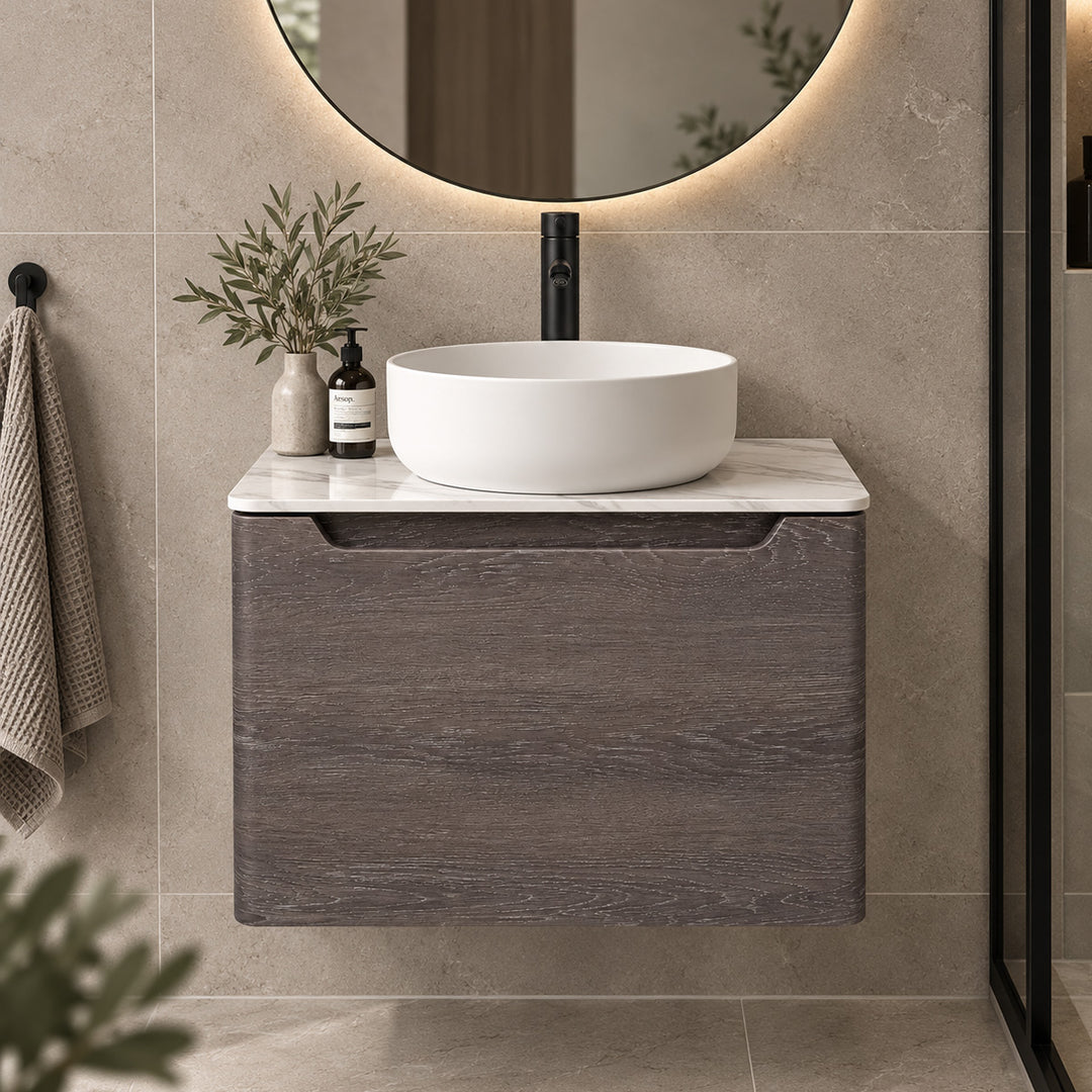 Camden 600mm Wall Hung Vanity Unit &amp; Worktop - Graphite Oak