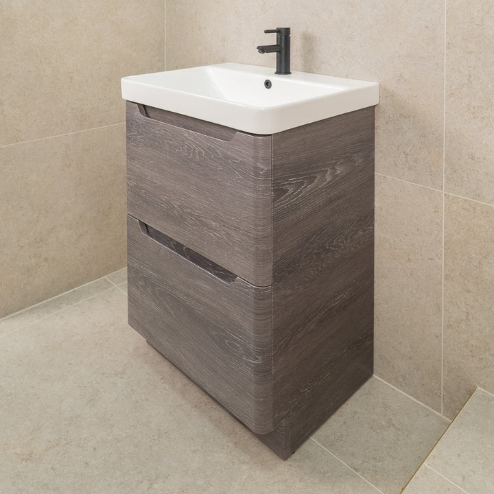 Camden 600mm 2 Drawer Floor Standing Vanity Unit and Basin - Graphite Oak