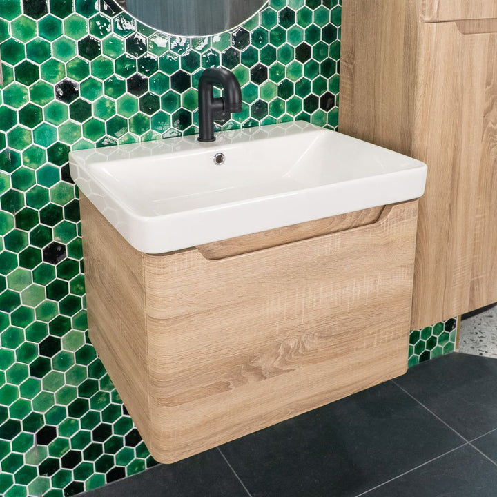 Camden 600mm 1 Drawer Wall Hung Vanity Unit and Basin - Bardolino Oak
