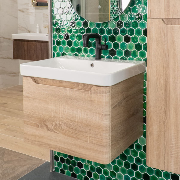 Camden 600mm 1 Drawer Wall Hung Vanity Unit and Basin - Bardolino Oak