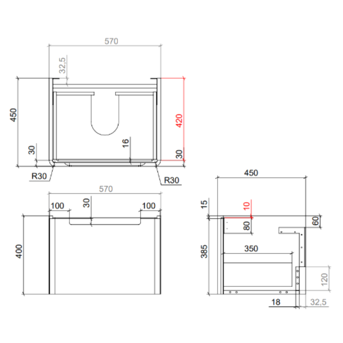 Camden 600mm 1 Drawer Wall Hung Vanity Unit and Basin - Graphite Oak - Technical drawing