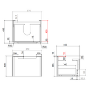 Camden 600mm 1 Drawer Wall Hung Vanity Unit and Basin - Graphite Oak - Technical drawing