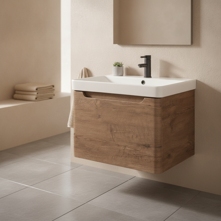 Camden 600mm 1 Drawer Wall Hung Vanity Unit and Basin in Chestnut