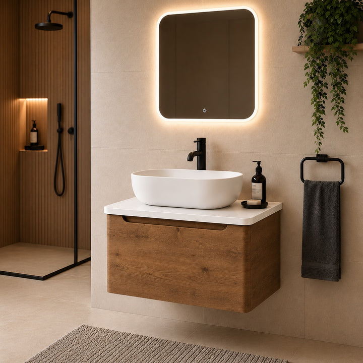 Camden 600mm wall hung vanity unit with white worktop in Chestnut, featuring a white worktop in a contemporary bathroom.