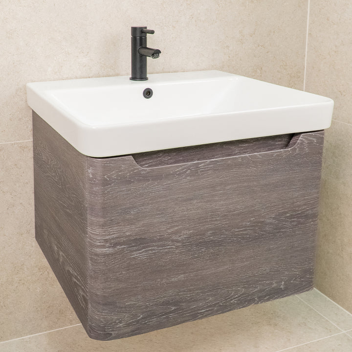 Camden 600mm 1 Drawer Wall Hung Vanity Unit and Basin - Graphite Oak