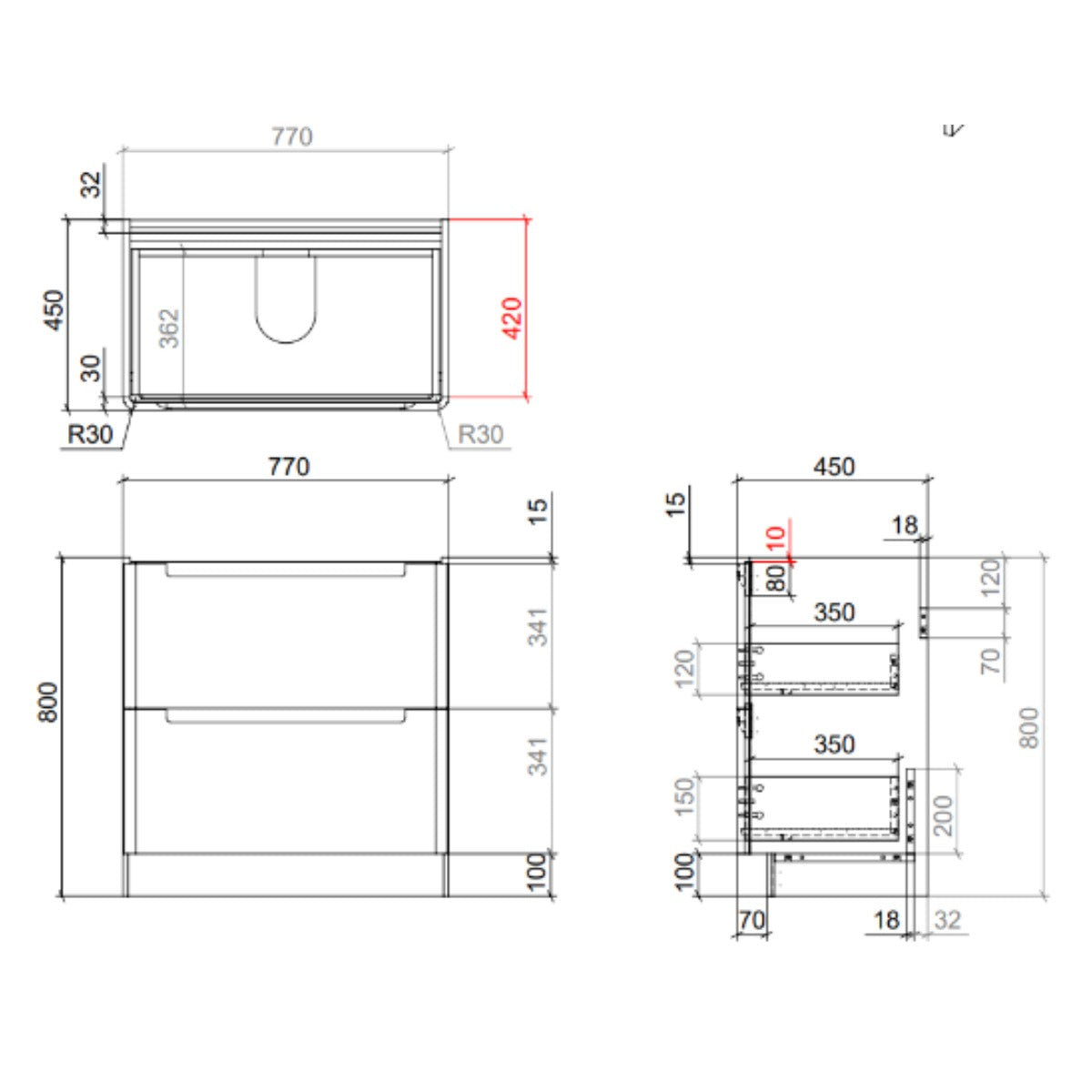 Camden 800mm 2 Drawer Floor Standing Vanity Unit and basin - Bardolino Oak - Technical drawing