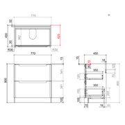 Camden 800mm 2 Drawer Floor Standing Vanity Unit and basin - Bardolino Oak - Technical drawing