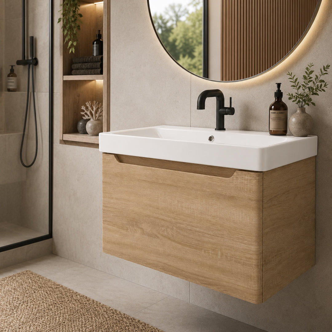 Camden 800mm wall hung vanity unit in Bardolino Oak with a single soft-close drawer and white ceramic basin in a modern bathroom.