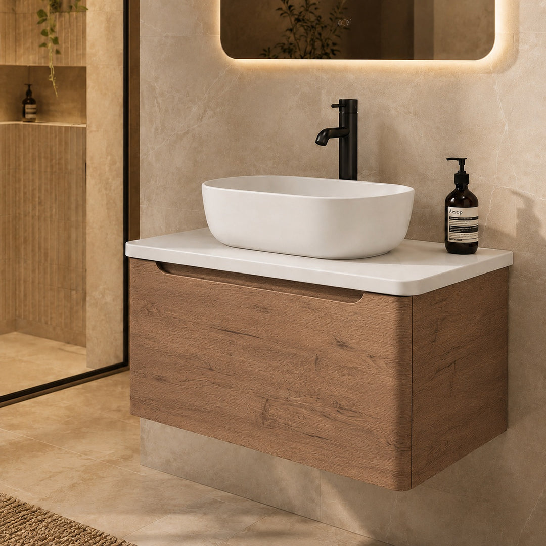 Camden 800mm wall hung vanity unit with white worktop in Chestnut, featuring a white worktop in a contemporary bathroom.