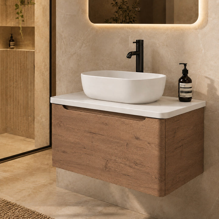 Camden 800mm wall hung vanity unit with white worktop in Chestnut, featuring a white worktop in a contemporary bathroom.