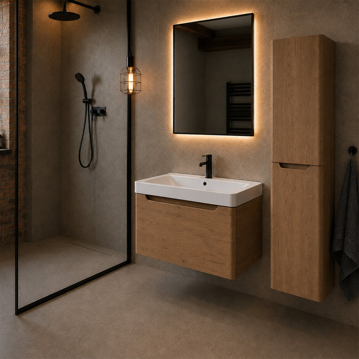 Camden 800mm wall hung vanity unit with white basin in Chestnut, featuring a white worktop in a contemporary bathroom.