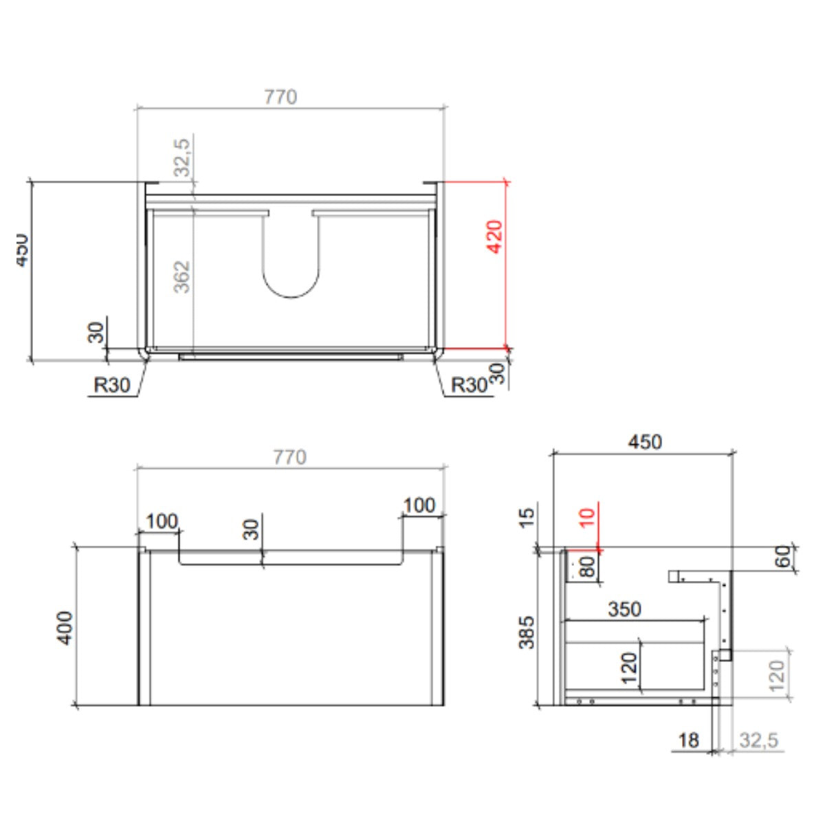 Camden 800mm 1 Drawer Wall Hung Vanity Unit and basin - Graphite Oak - Technical drawing