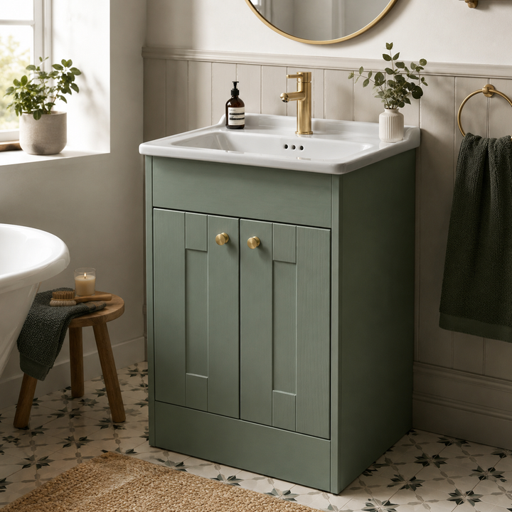 Vitra Integra Classic 600mm Reed Green floor standing vanity unit with two panelled doors and white ceramic basin.