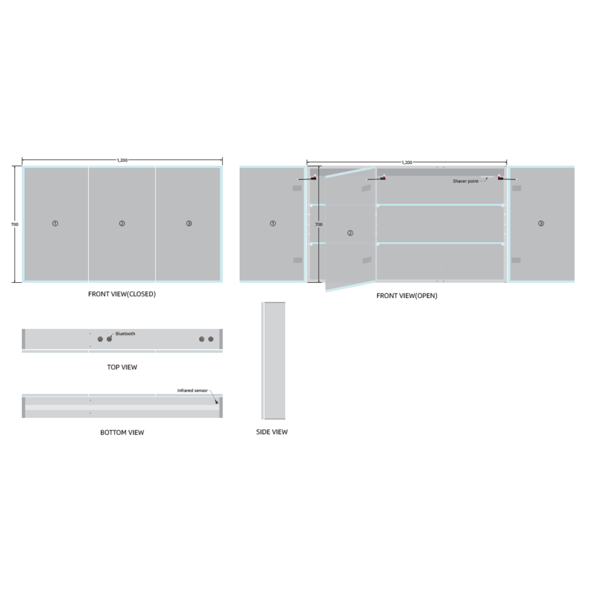 Bella LED Mirror Cabinet 1200 x 700mm Three Door Demister with Shaver and Bluetooth - Technical drawing