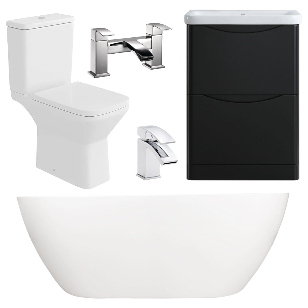 Modern bathroom suite featuring a freestanding white curved bath, a matt black vanity unit with drawers, a close coupled toilet and chrome deck mounted taps.