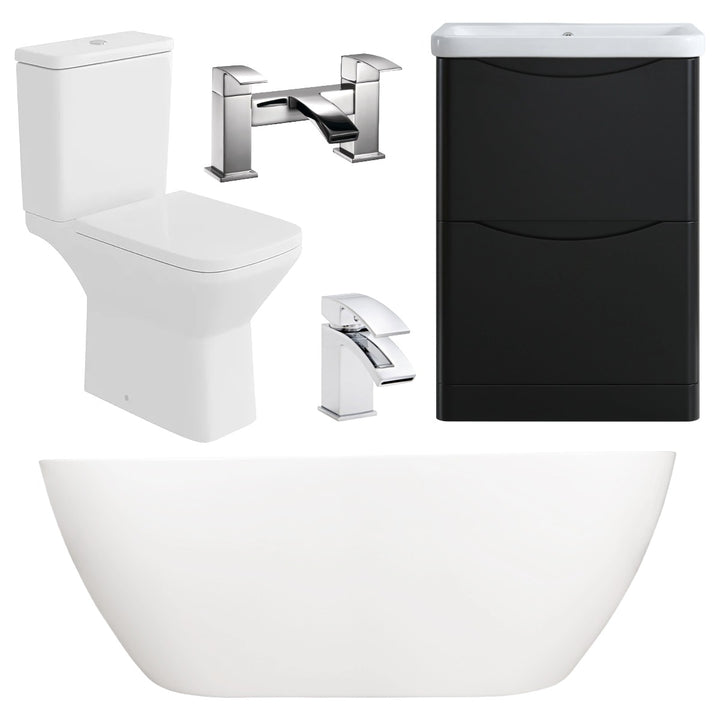Modern bathroom suite featuring a freestanding white curved bath, a matt black vanity unit with drawers, a close coupled toilet and chrome deck mounted taps.