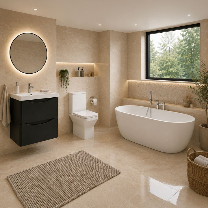 1800mm Freestanding Bath Suite with Athens Wall Hung 600mm Matt Black Vanity Unit &amp; Bilbao Toilet