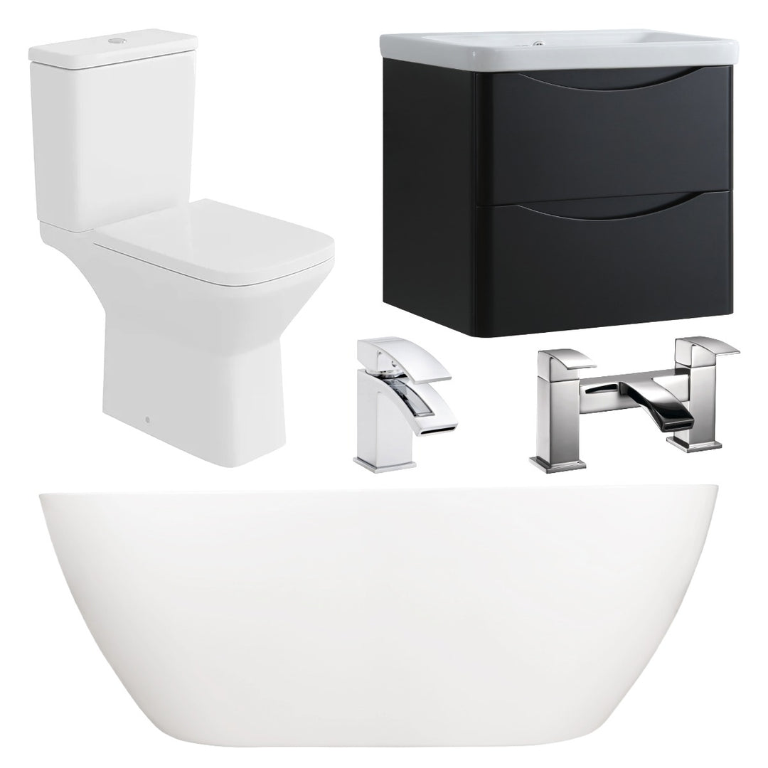 Modern bathroom suite featuring a freestanding white curved bath, a matt black wall hung vanity unit with drawers, a close coupled toilet and chrome deck mounted taps.