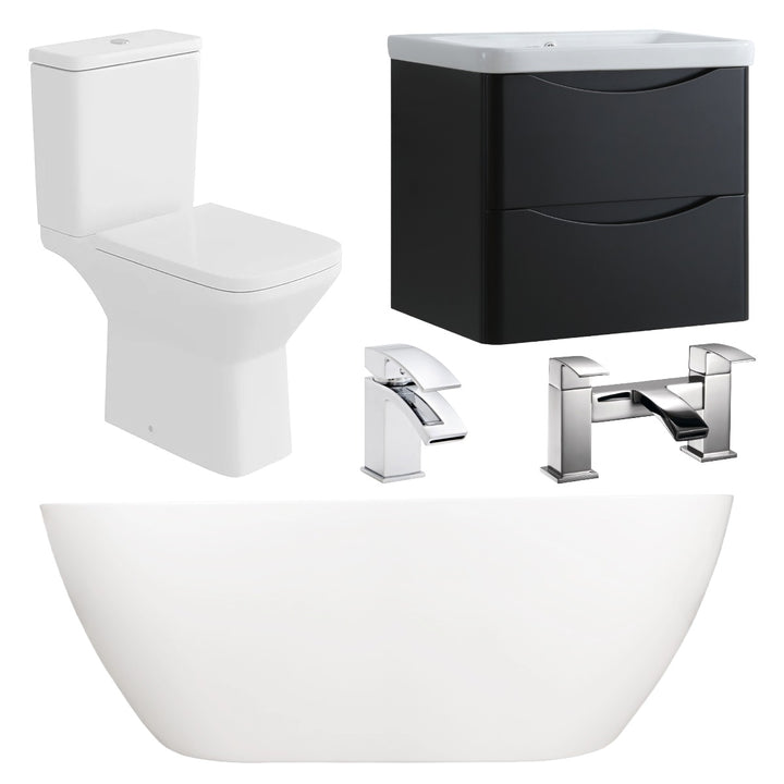 Modern bathroom suite featuring a freestanding white curved bath, a matt black wall hung vanity unit with drawers, a close coupled toilet and chrome deck mounted taps.