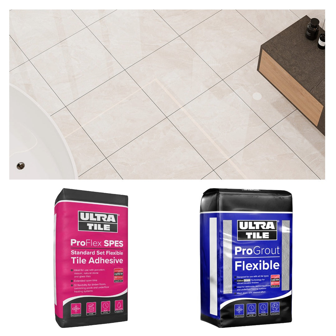 Amoche Creme Polished 60x60cm Bronze Star tile bundle including polished rectified porcelain tiles, flexible white tile adhesive and silver grey grout for professional wall and floor tiling.