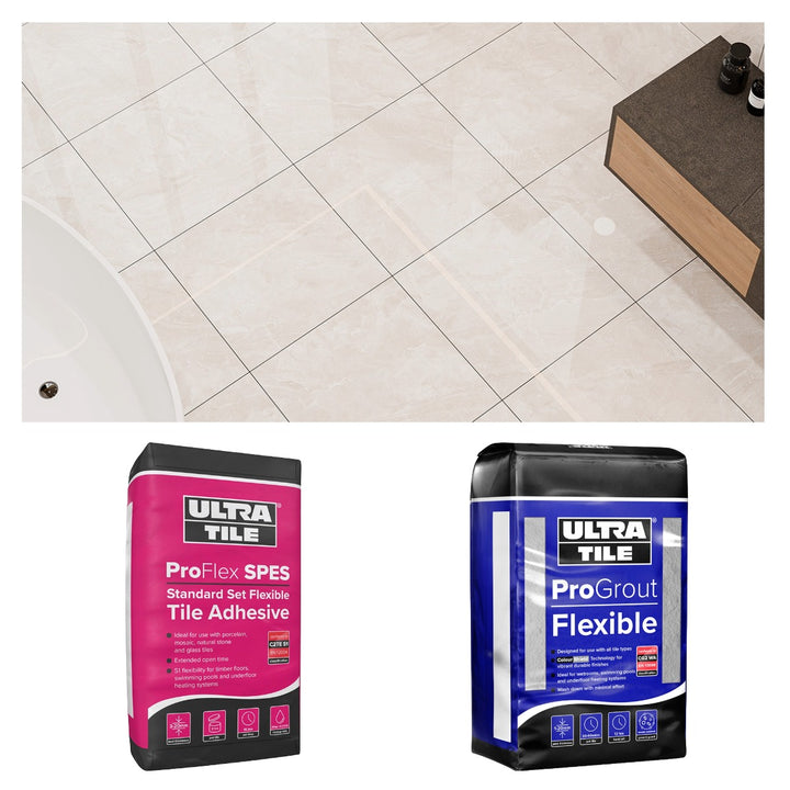 Amoche Creme Polished 60x60cm Bronze Star tile bundle including polished rectified porcelain tiles, flexible white tile adhesive and silver grey grout for professional wall and floor tiling.