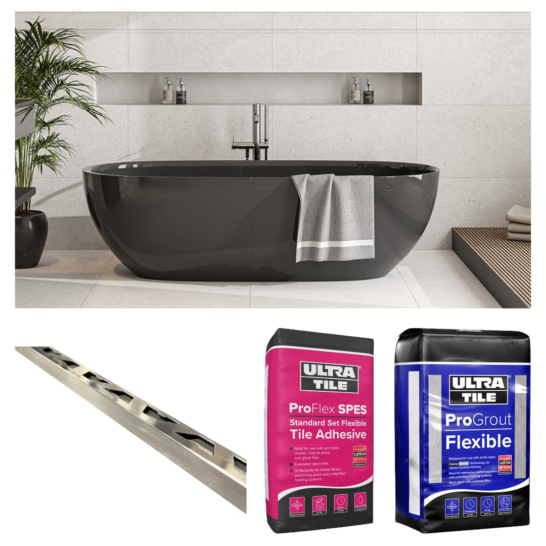 Concrete Beige Matt Wall Tile 30x60cm Bronze Star bundle including beige concrete-effect rectified porcelain wall tiles, flexible white tile adhesive, silver grey grout and chrome straight edge tile trims for complete wall tiling projects.