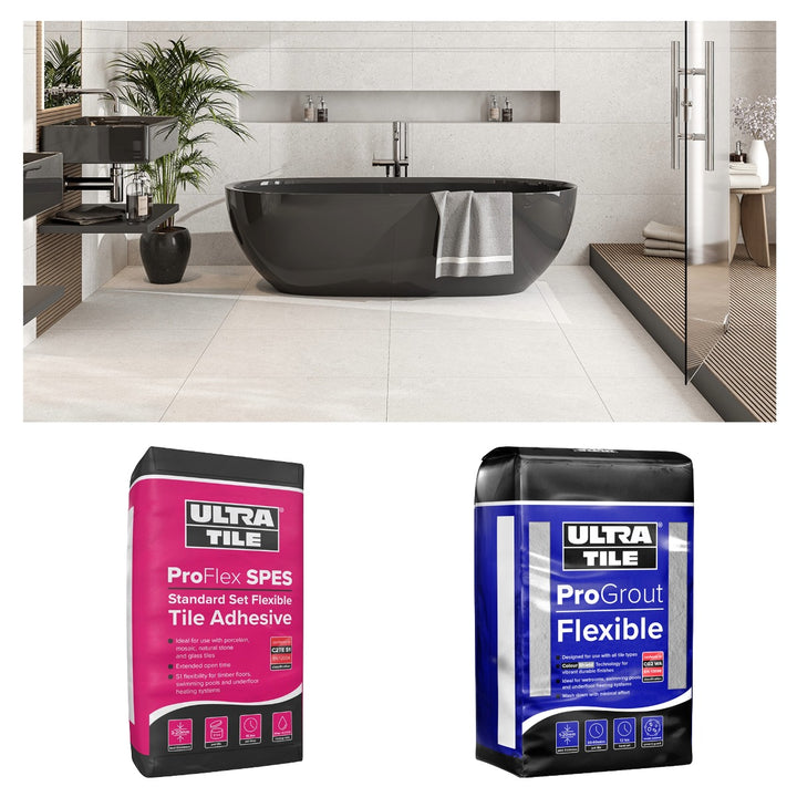 Concrete Beige Matt 60x60cm Silver Star bundle including beige concrete-effect rectified porcelain tiles, flexible white tile adhesive and silver grey grout for modern wall and floor tiling projects.