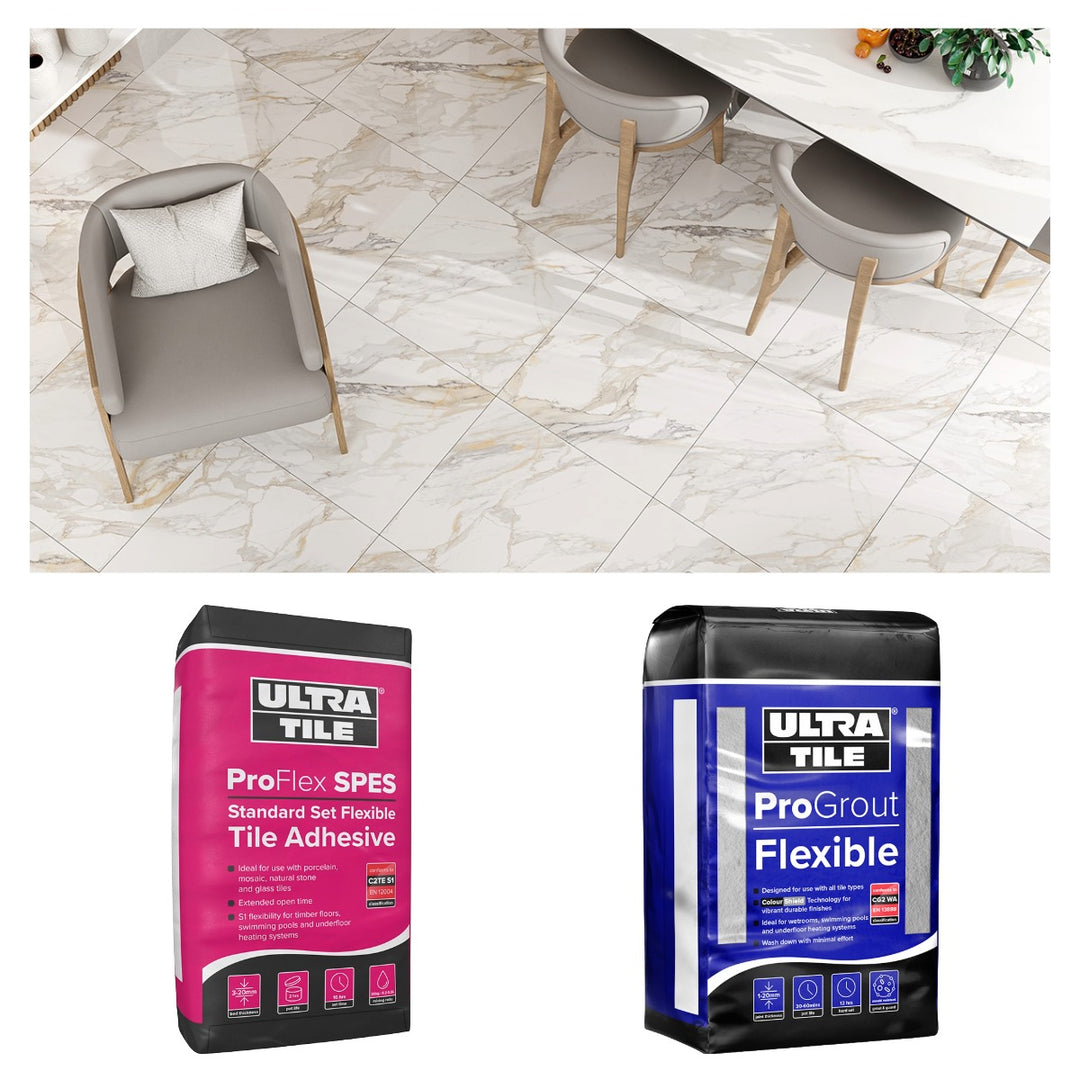 Greylac Gold Polished 60x60cm Silver Star bundle including polished rectified porcelain tiles with grey and gold marble-effect veining, flexible white tile adhesive and silver grey grout.