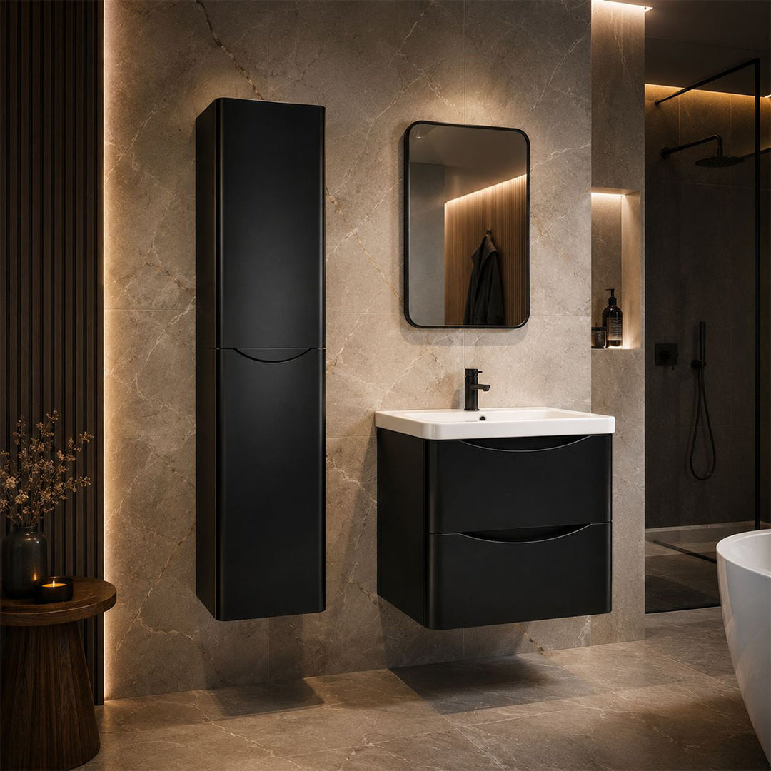 Modern bathroom with black wall-mounted cabinet and sink.