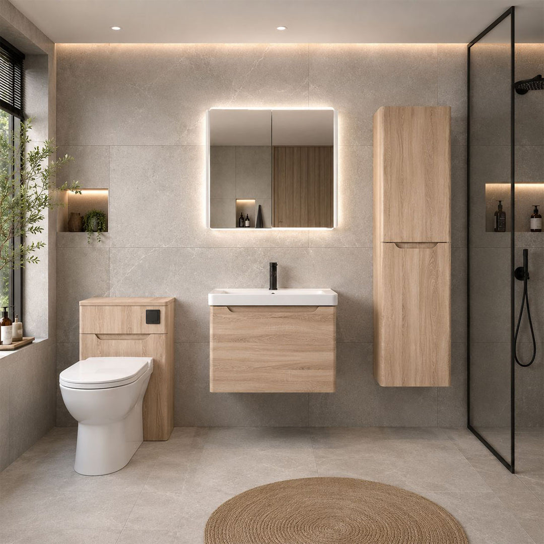 Modern bathroom with wooden vanity and toilet.