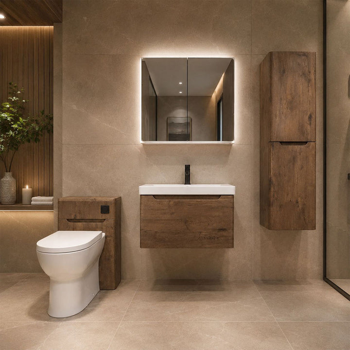 Modern bathroom with wooden vanity, mirror, and toilet.