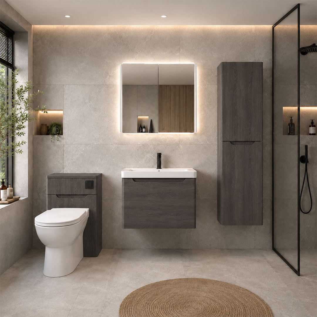 Modern bathroom with grey vanity, mirror and toilet