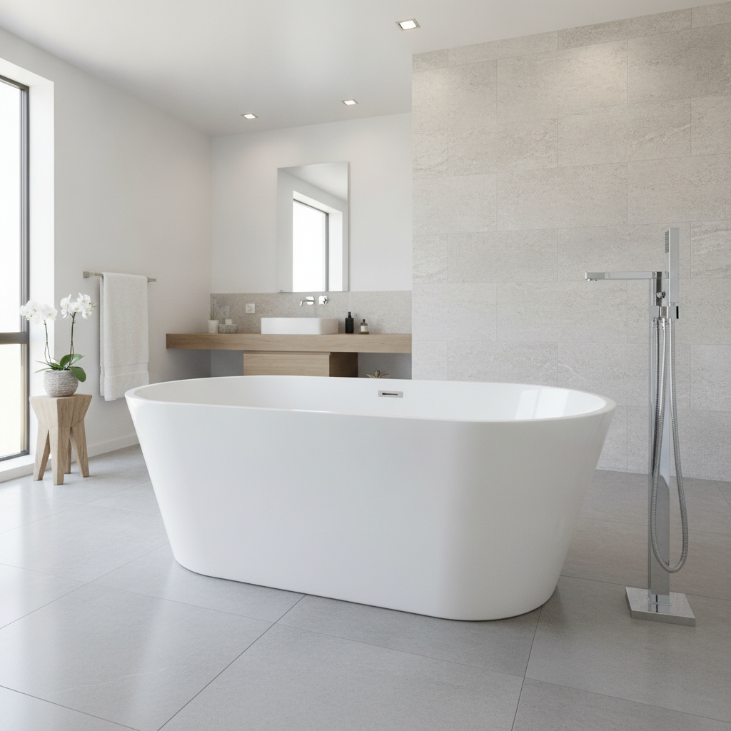 Modern cancun 1700mm freestanding air spa bath with chrome Soho freestanding bath shower mixer, featuring a double ended acrylic bath with integrated air jets and modern floor-standing tap.