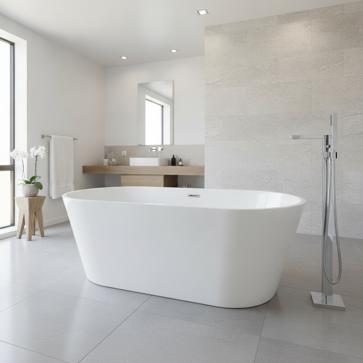 Modern cancun 1700mm freestanding air spa bath with chrome Soho freestanding bath shower mixer, featuring a double ended acrylic bath with integrated air jets and modern floor-standing tap.