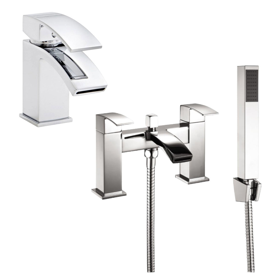 Eliseo Ricci Manta chrome basin mixer tap with matching Pimlico chrome bath shower mixer, complete with handset and hose for a coordinated contemporary bathroom.