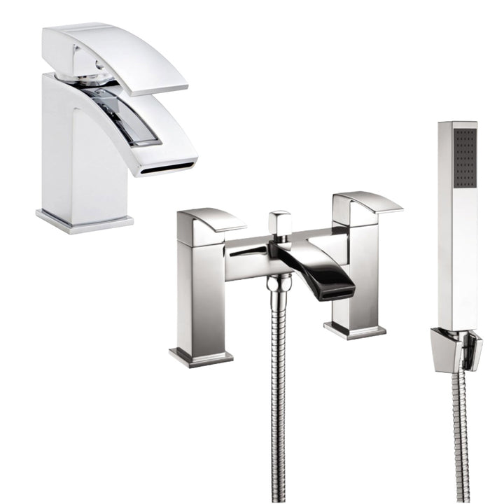 Eliseo Ricci Manta chrome basin mixer tap with matching Pimlico chrome bath shower mixer, complete with handset and hose for a coordinated contemporary bathroom.