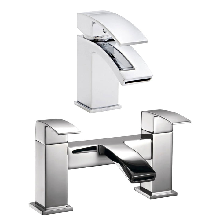 Eliseo Ricci Manta chrome basin mixer tap with matching chrome bath filler for a coordinated contemporary bathroom.