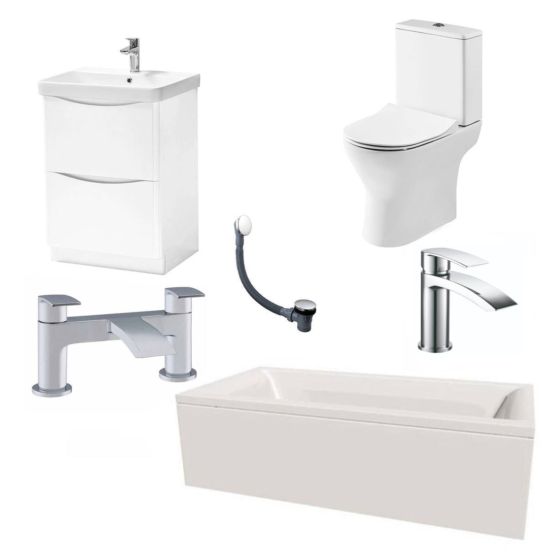 Bathroom bundle including a sink, toilet, bath, and taps.