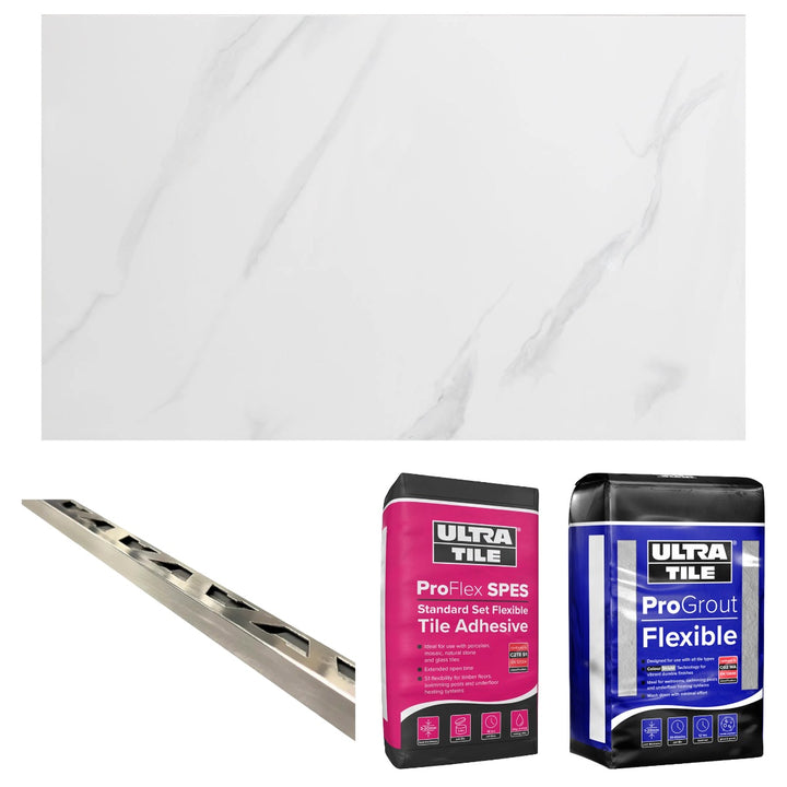 Marble Look Polished Wall Tile 30x60cm Bronze Star bundle including wall tiles, flexible white tile adhesive, silver grey grout and chrome straight edge tile trims for complete wall tiling projects.