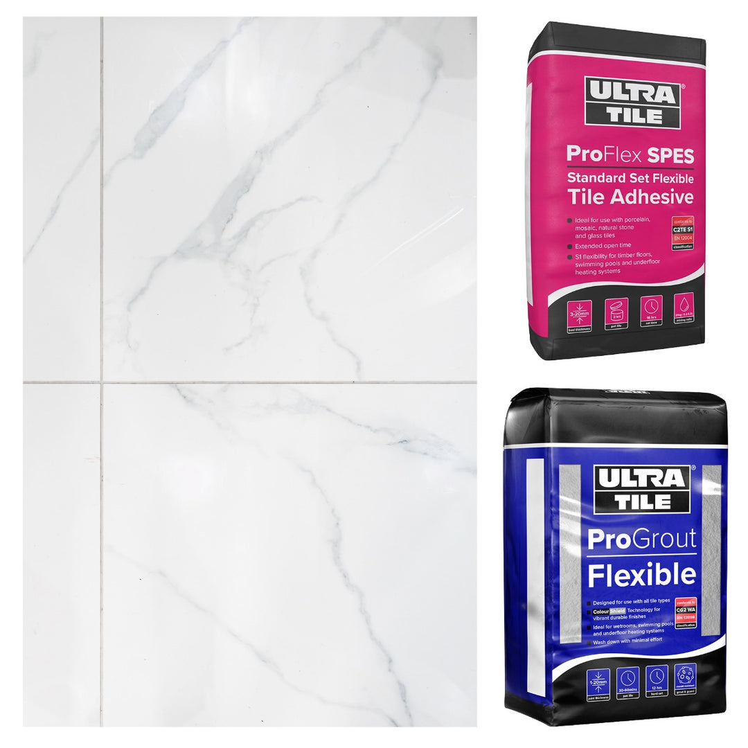 Calacatta White Polished 60x60cm Silver Star bundle including marble-effect rectified porcelain tiles, flexible white tile adhesive and silver grey grout for premium wall and floor tiling projects.