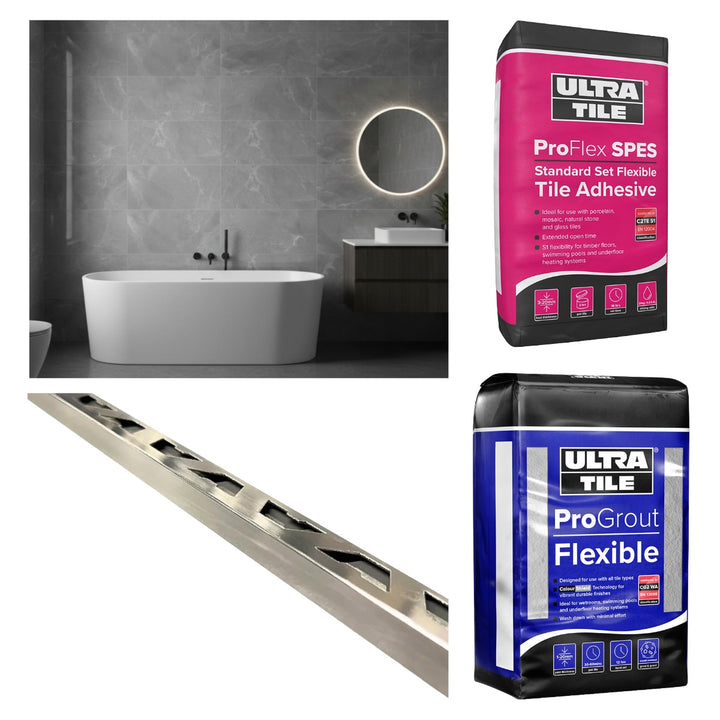 Oxford Grey Polished Wall Tile 30x60cm Bronze Star bundle including polished rectified white body wall tiles, flexible white tile adhesive, silver grey grout and chrome straight edge tile trims for premium wall tiling.