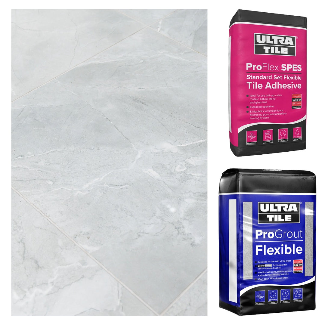 Oxford Grey Polished 60x60cm Gold Star bundle including grey marble-effect rectified porcelain tiles, flexible white tile adhesive and silver grey grout for premium wall and floor tiling projects.