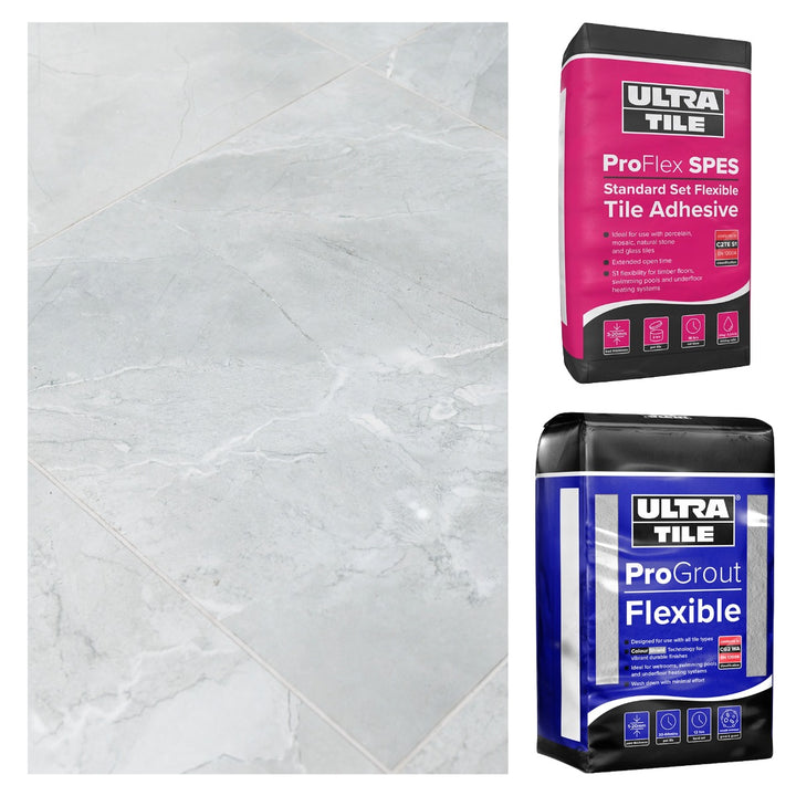 Oxford Grey Polished 60x60cm Gold Star bundle including grey marble-effect rectified porcelain tiles, flexible white tile adhesive and silver grey grout for premium wall and floor tiling projects.