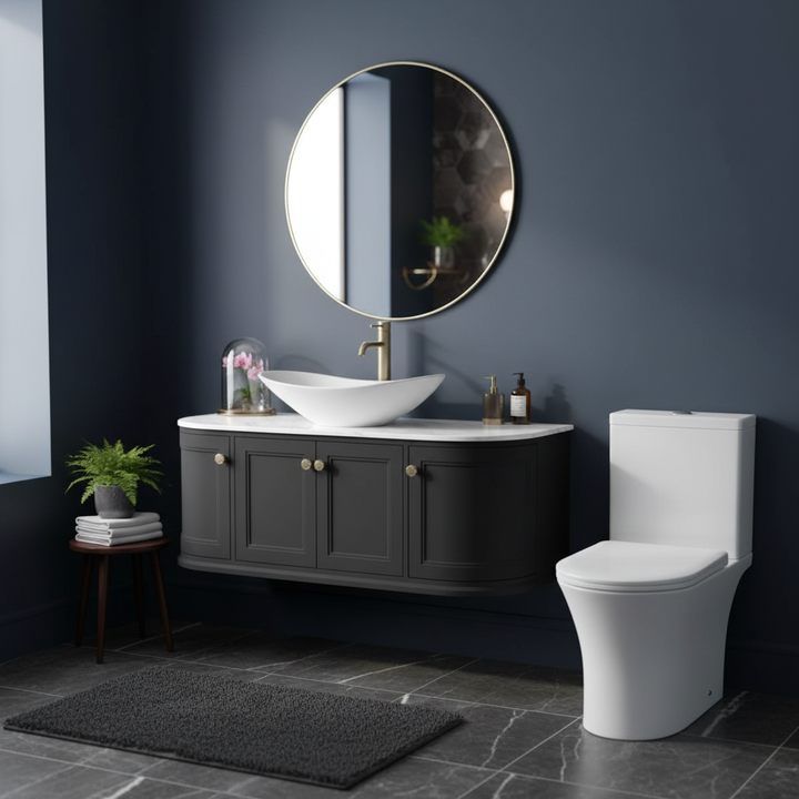 Bathroom bundle with dark grey vanity with basin, round mirror, white toilet and brass accessories