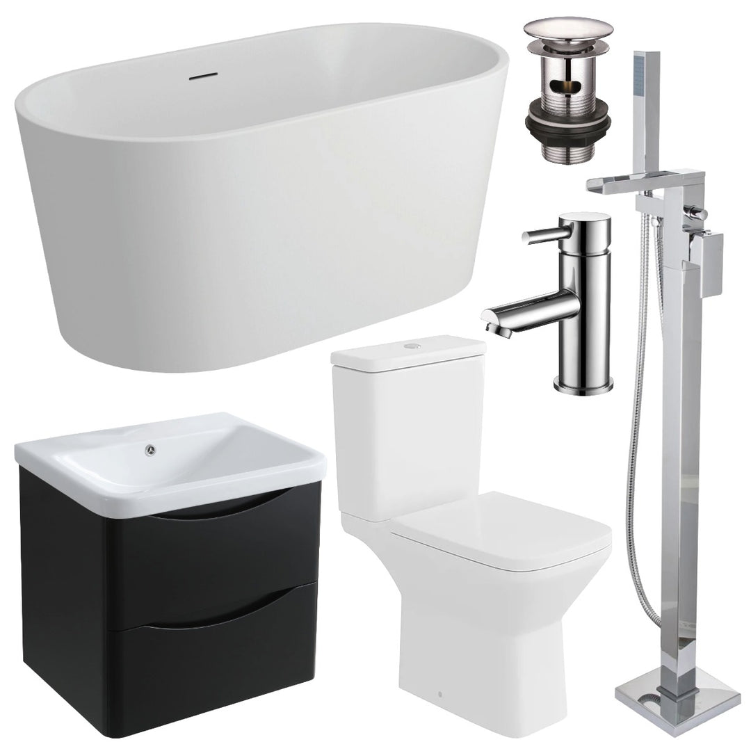 Bathroom Suite deal with 1600mm Freestanding Bath, Matt Black Vanity, with basin, rimless toilet and chrome brassware.