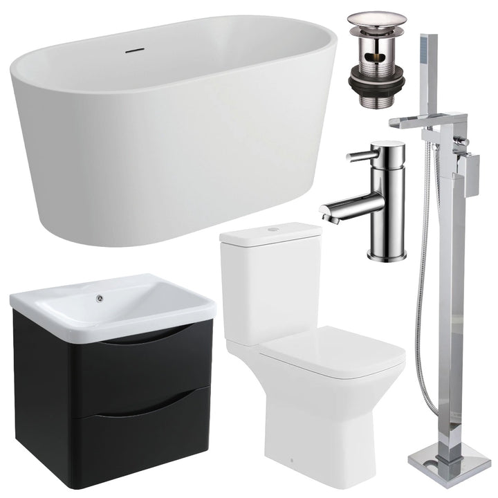 Bathroom Suite deal with 1600mm Freestanding Bath, Matt Black Vanity, with basin, rimless toilet and chrome brassware.
