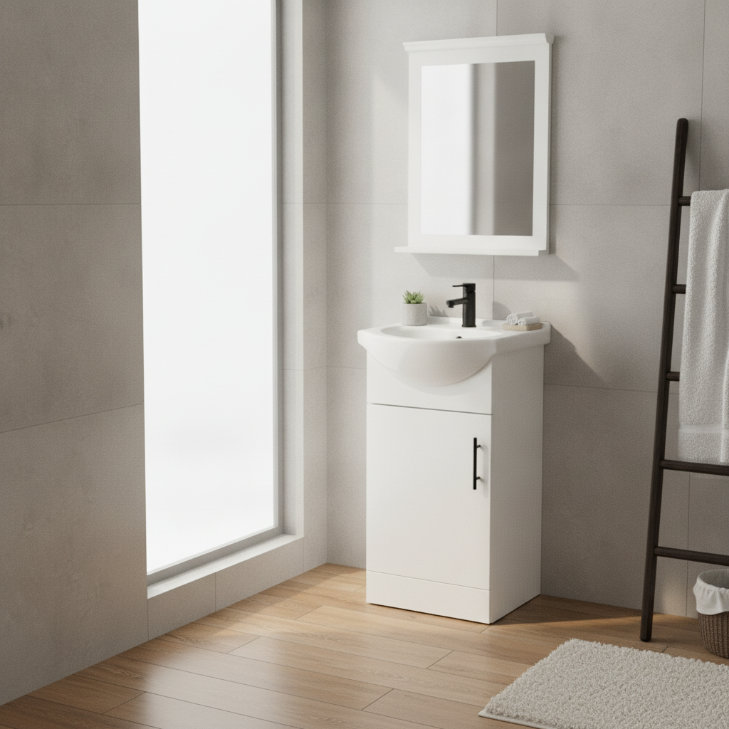 450mm gloss white vanity unit pack with matching mirror, black basin mixer tap, black slotted basin waste and black bar handle, designed for modern bathrooms and cloakrooms.