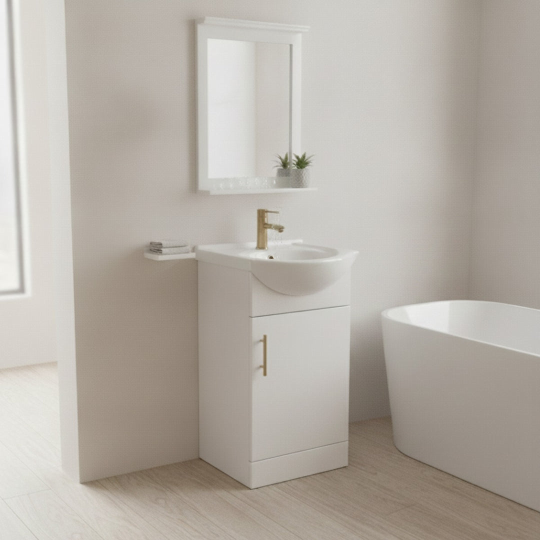 450mm gloss white vanity unit pack with matching mirror and brushed brass accessories.