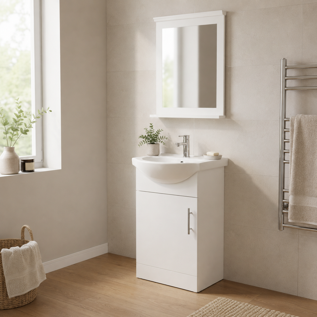 450mm gloss white vanity unit pack with matching mirror, chrome basin mixer tap, chrome slotted basin waste and chrome handle, designed for modern bathrooms and cloakrooms.