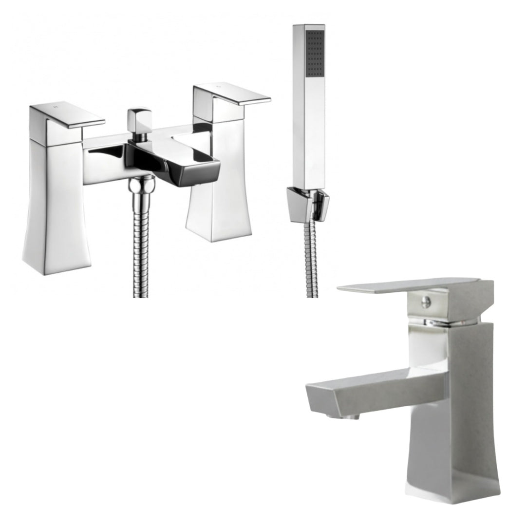 Bath Shower Mixer & Square Basin Mixer Tap Deal featuring a chrome bath shower mixer with handset and hose alongside a matching square basin mixer tap with contemporary angular design.